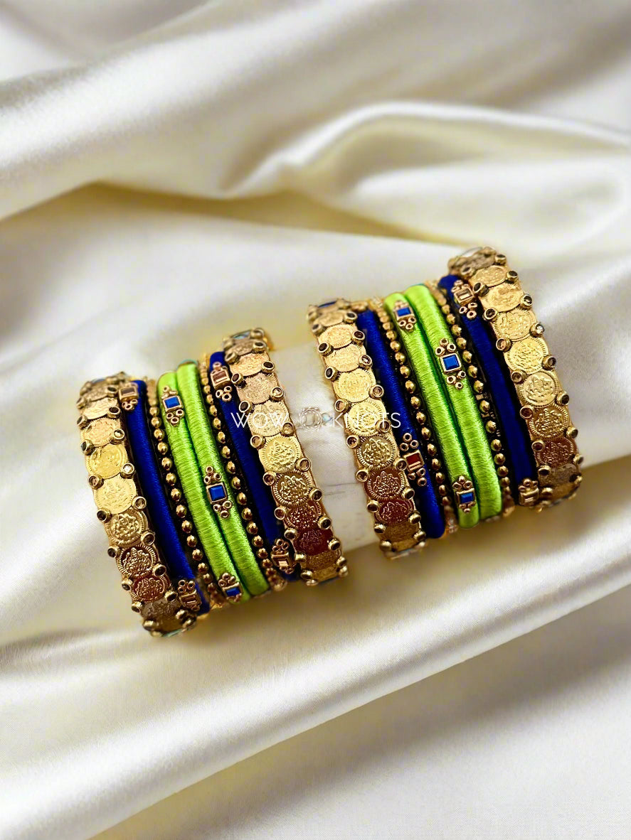 Neon and Royal Blue with Gold Combination Kundan Bangle Set (Coin Side Kada Bangles)