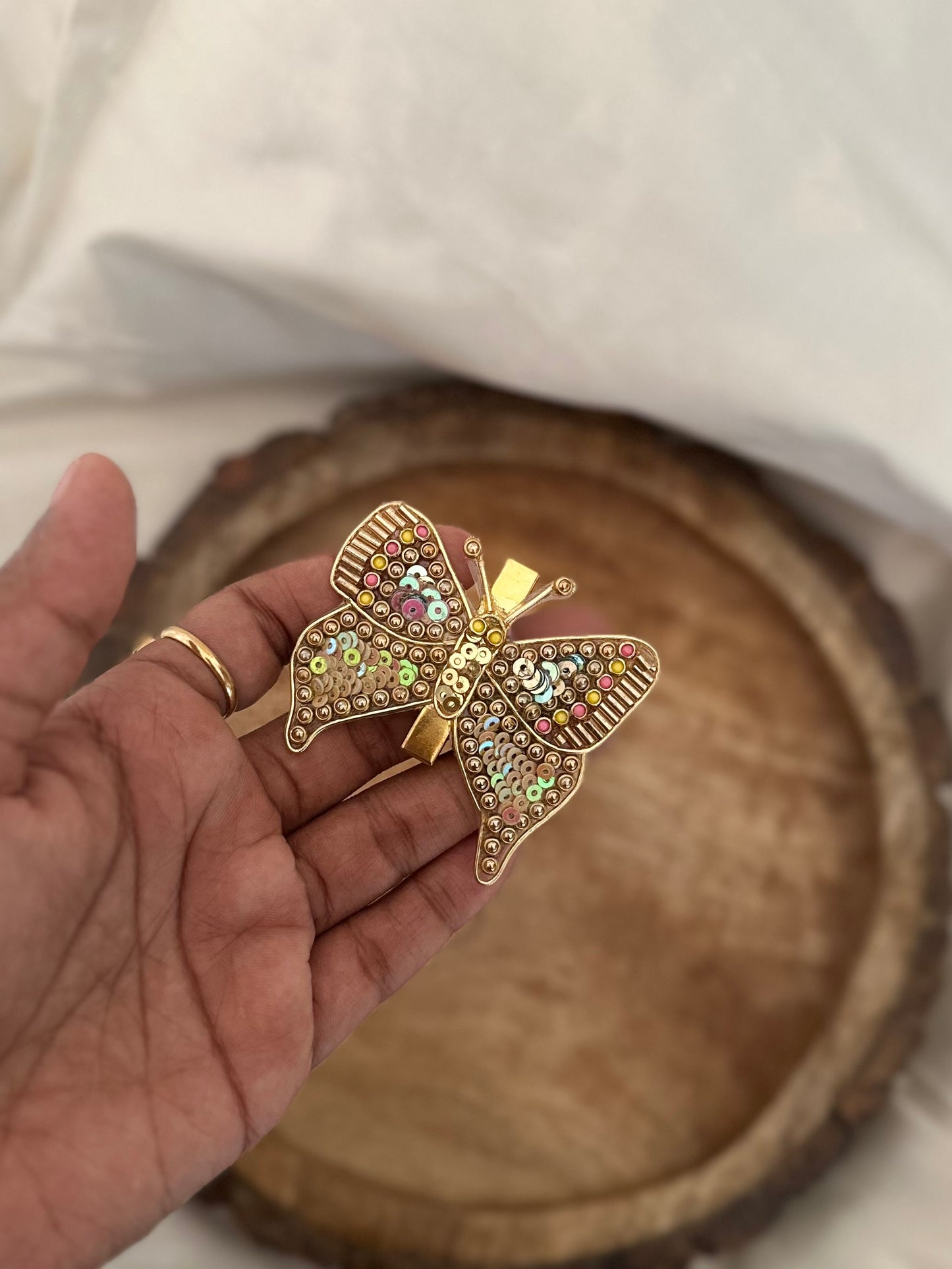 Beads, Sequins and Kundans Butterfly Alligator Hair Clips/Kundan Hair Accessories/Kundan Alligator Hair Clips (Golden Beads, Yellow and Pink Kundans, Pink Rainbow and Gold Sequins)