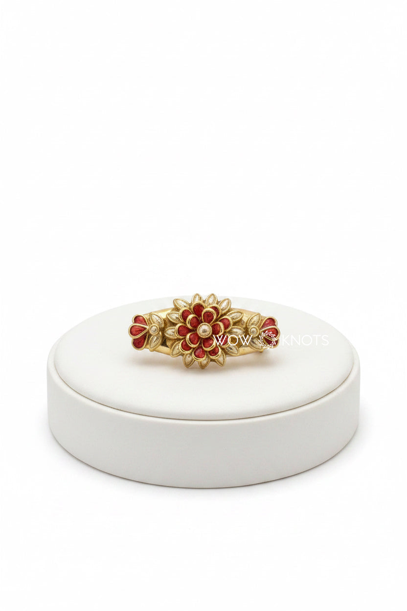 Gold and Maroon Kundan Saree Pin - 3D Flower