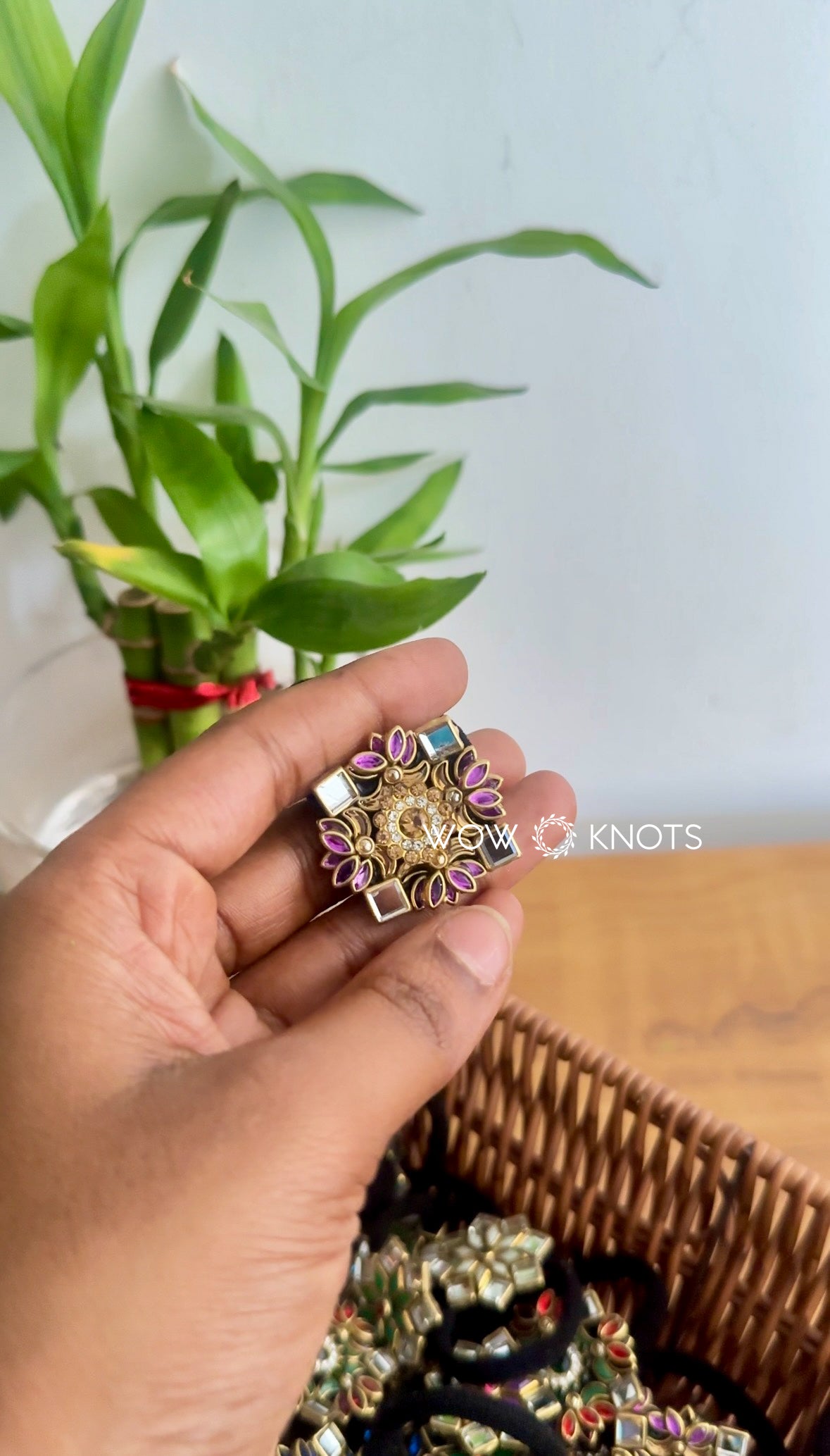 3D Lotus Kundan Rubber Band/Hair Tie - Purple