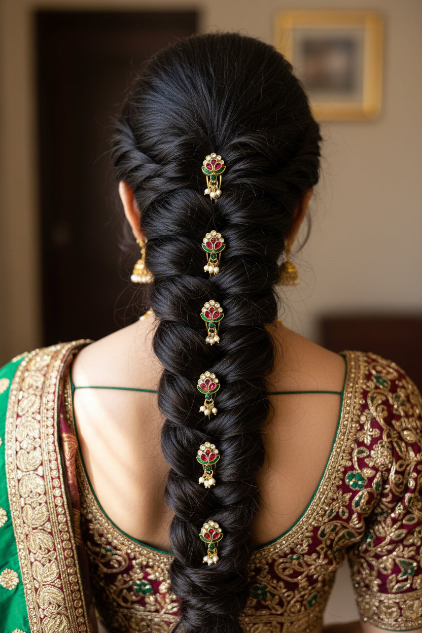 Handmade Kundan Tulip with Loreal Pearls Hair Pins in Red and Green (Pack of 5 Comb Pins)