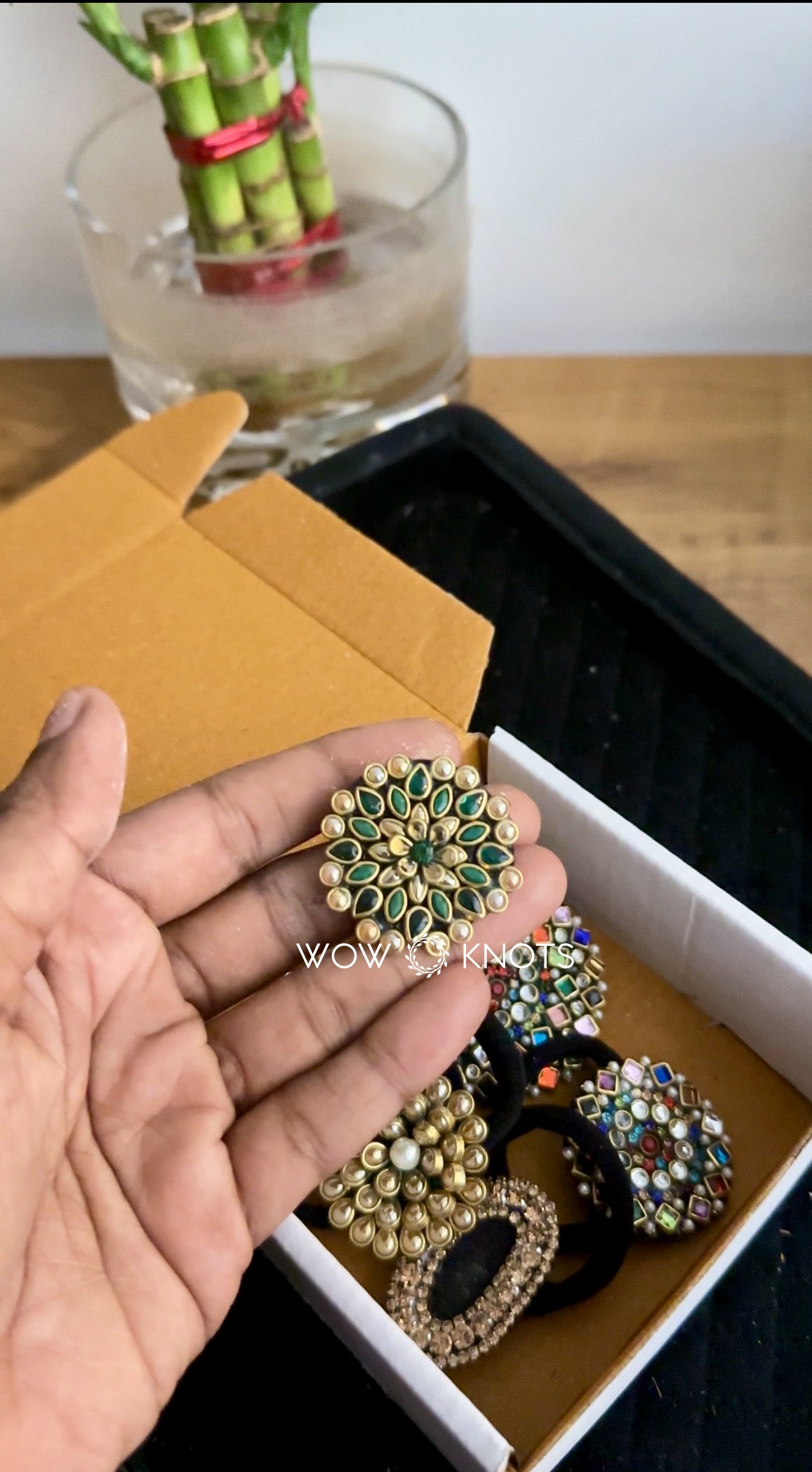 3D Flower Kundan Rubber Band/Hair Tie - Bottle Green and Gold