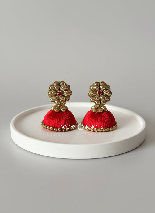 Red Stone and Pearl Gold Kundan Jhumka