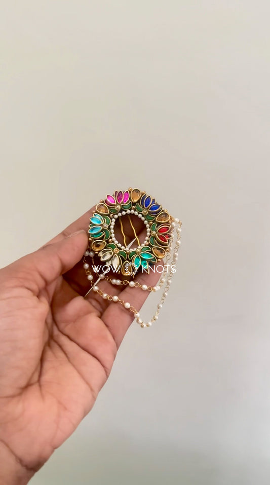 Multicoloured Lotus Celestial Bloom Hair Brooch/Jada Billa With Pearl Chain