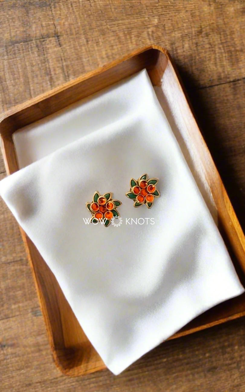 Handmade 3D Rose Stud Earrings - Green, Pink and Orange Kundan Stones