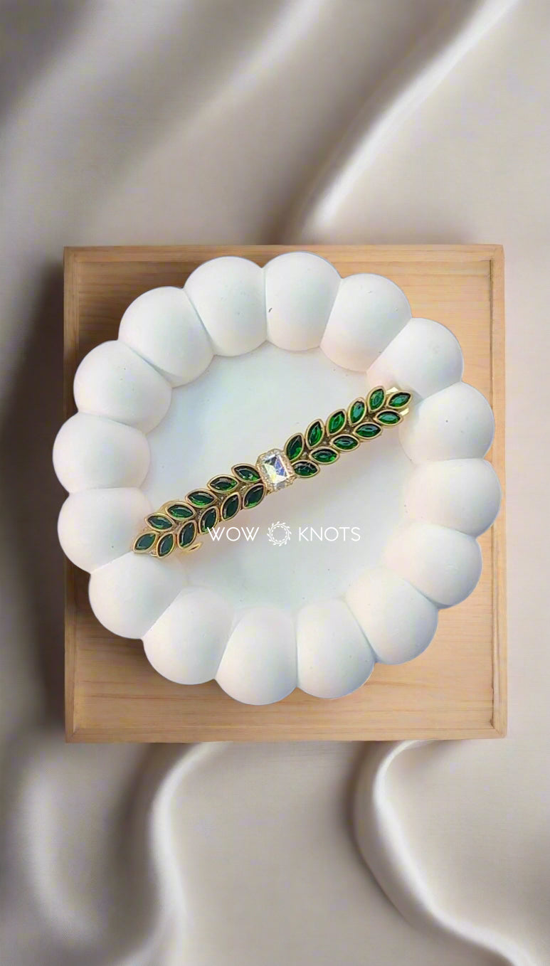 Green Kundan Petal Barrette Clip with White Stone – Handcrafted Hair Accessory