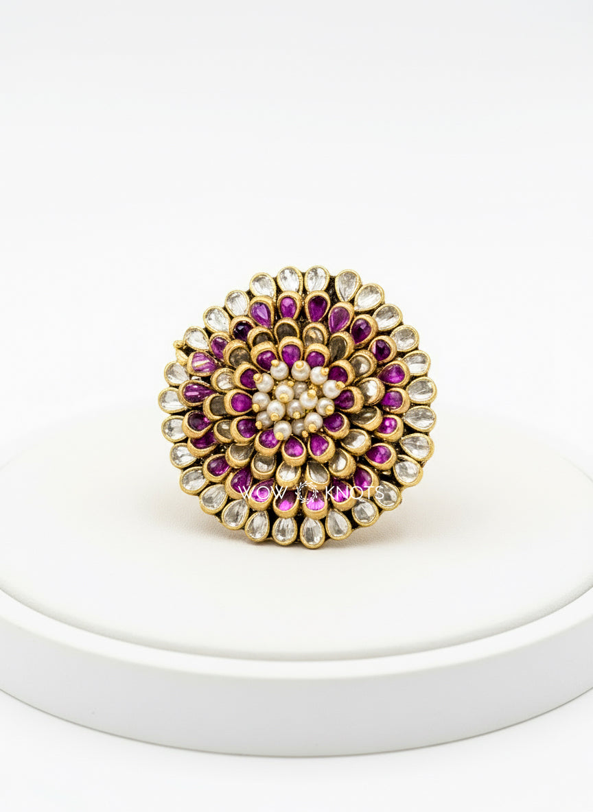 3D Kundan Hair Tie - White & Purple Drop Glossy Kundans with Loreal Beads