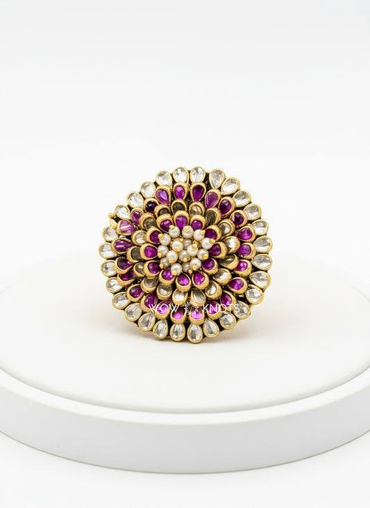 3D Kundan Hair Tie - White & Purple Drop Glossy Kundans with Loreal Beads