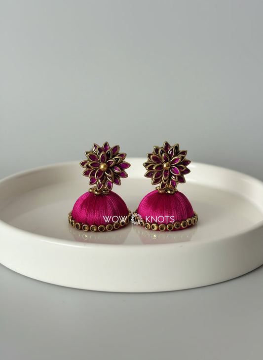 Rani Pink Leaf Kundan Stud with Jhumka