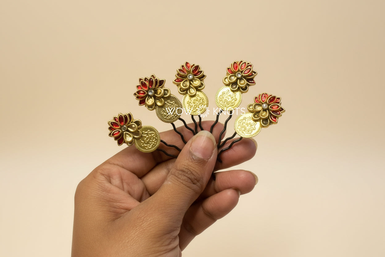 Handmade 3 Layer Kundan Lotus with Coin Hair Pins in Red and Gold (Pack of 5 U Pins)