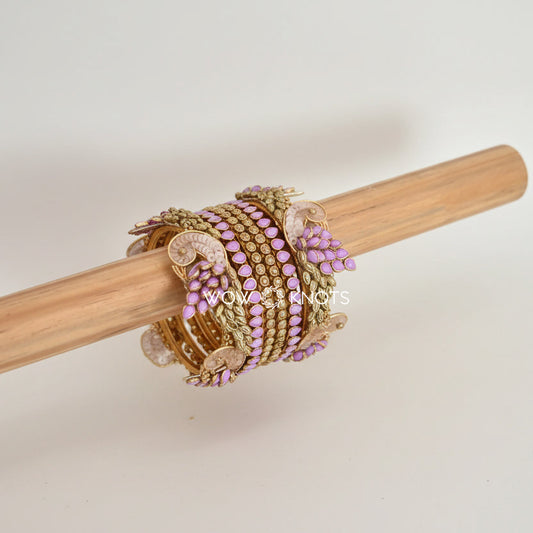 Parrot Kada Kundan Bangle Set in Pastel Purple and Gold