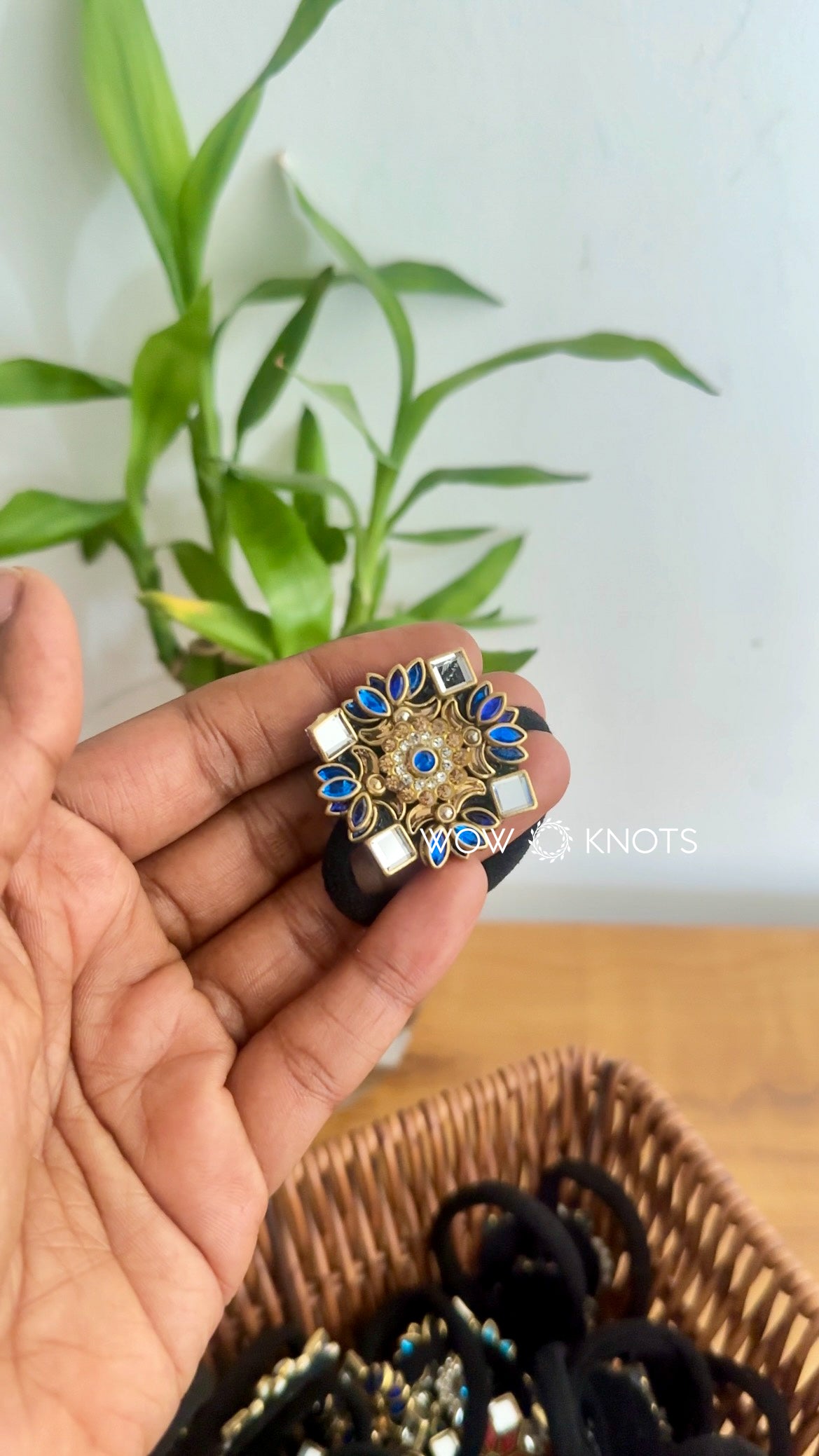 3D Lotus Kundan Rubber Band/Hair Tie - Royal Blue