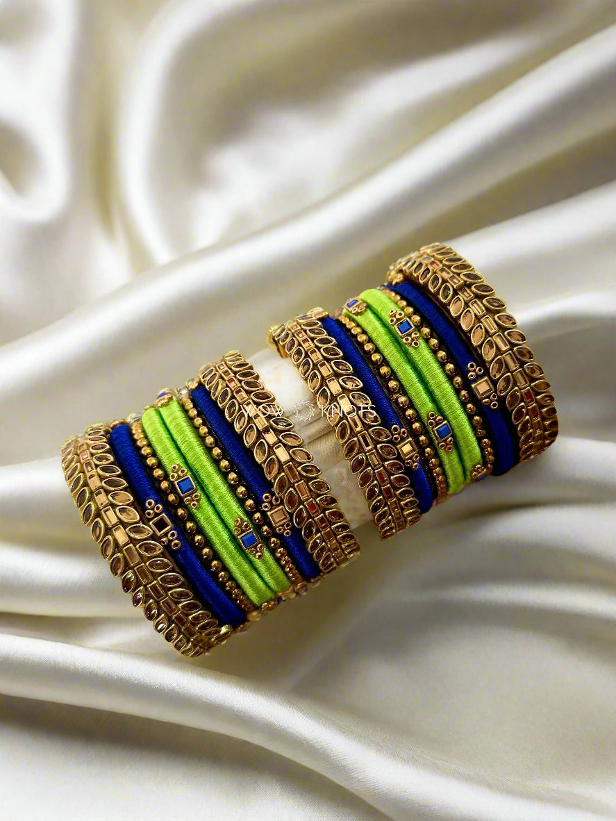 Neon and Royal Blue with Gold Combination Kundan Bangle Set (Glossy Petals Side Kada Bangles)