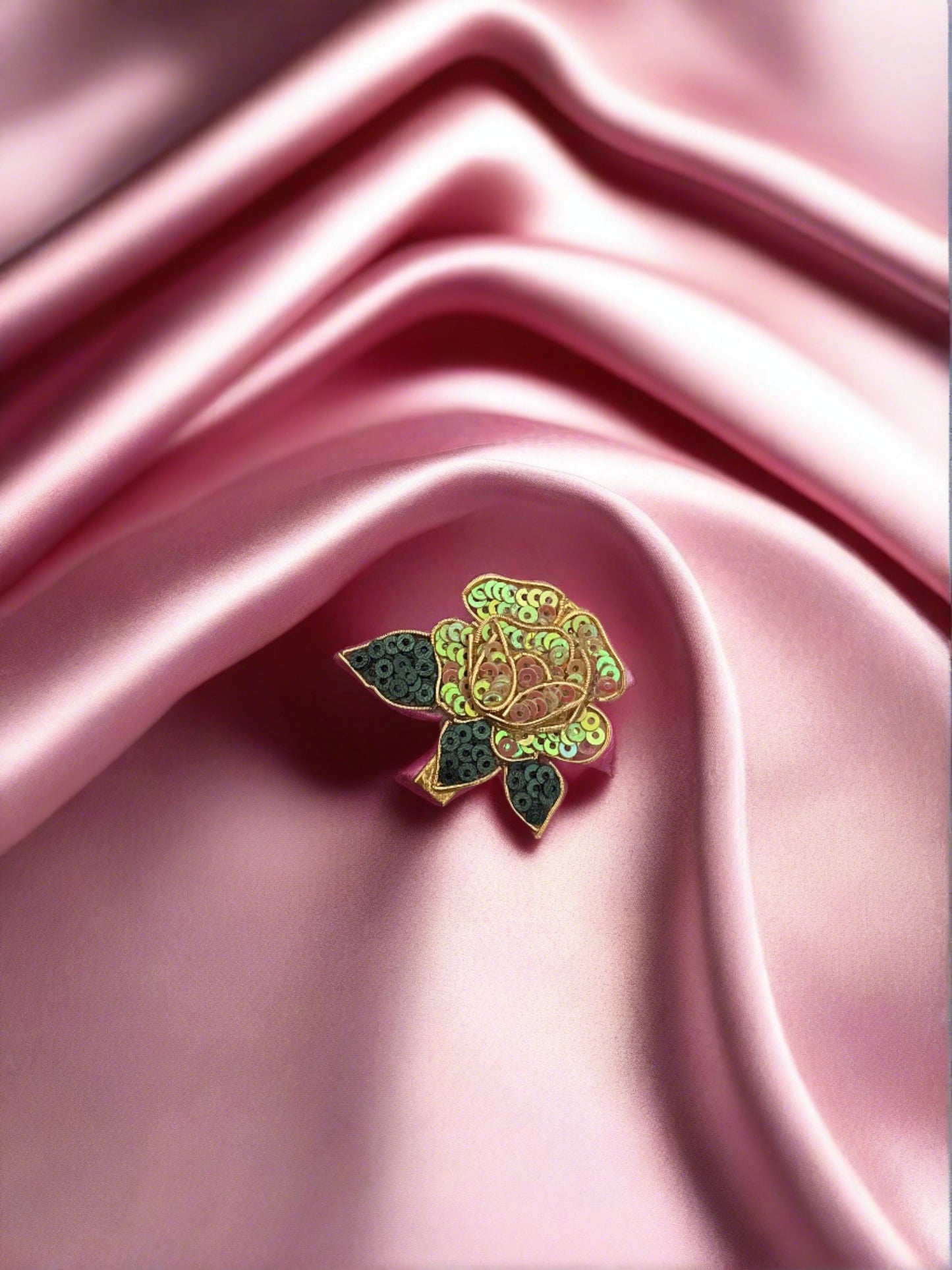 3D Rose Alligator Kundan Hair Clip/3D Hair Accessories/3D Hair Clips (Green and Pink Rainbow Sequins)