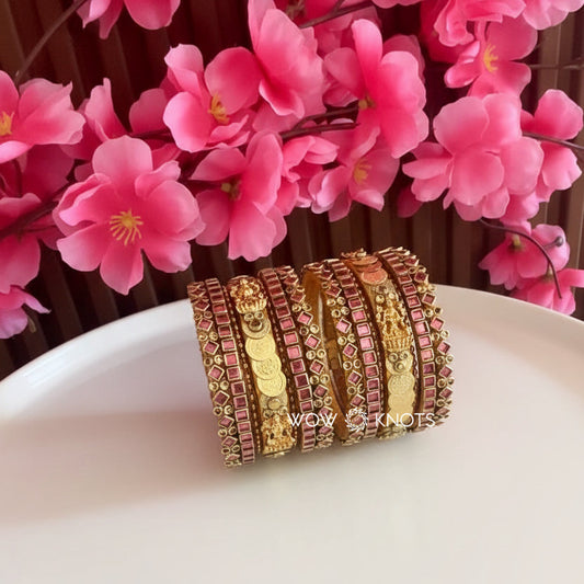 Lakshmi Charam and Coin Kada Kundan Bridal Bangle Set - Onion Pink