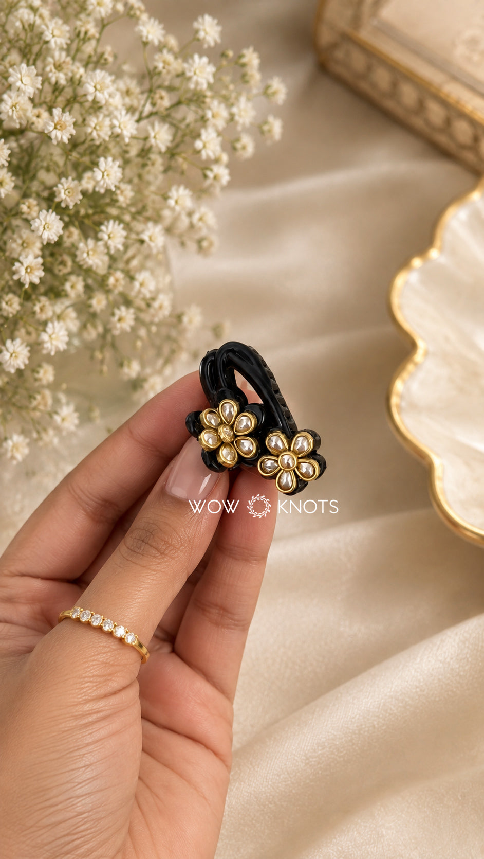 Black Kundan Floral Claw Hair Clip – Pearl Gold Kundan Embellished