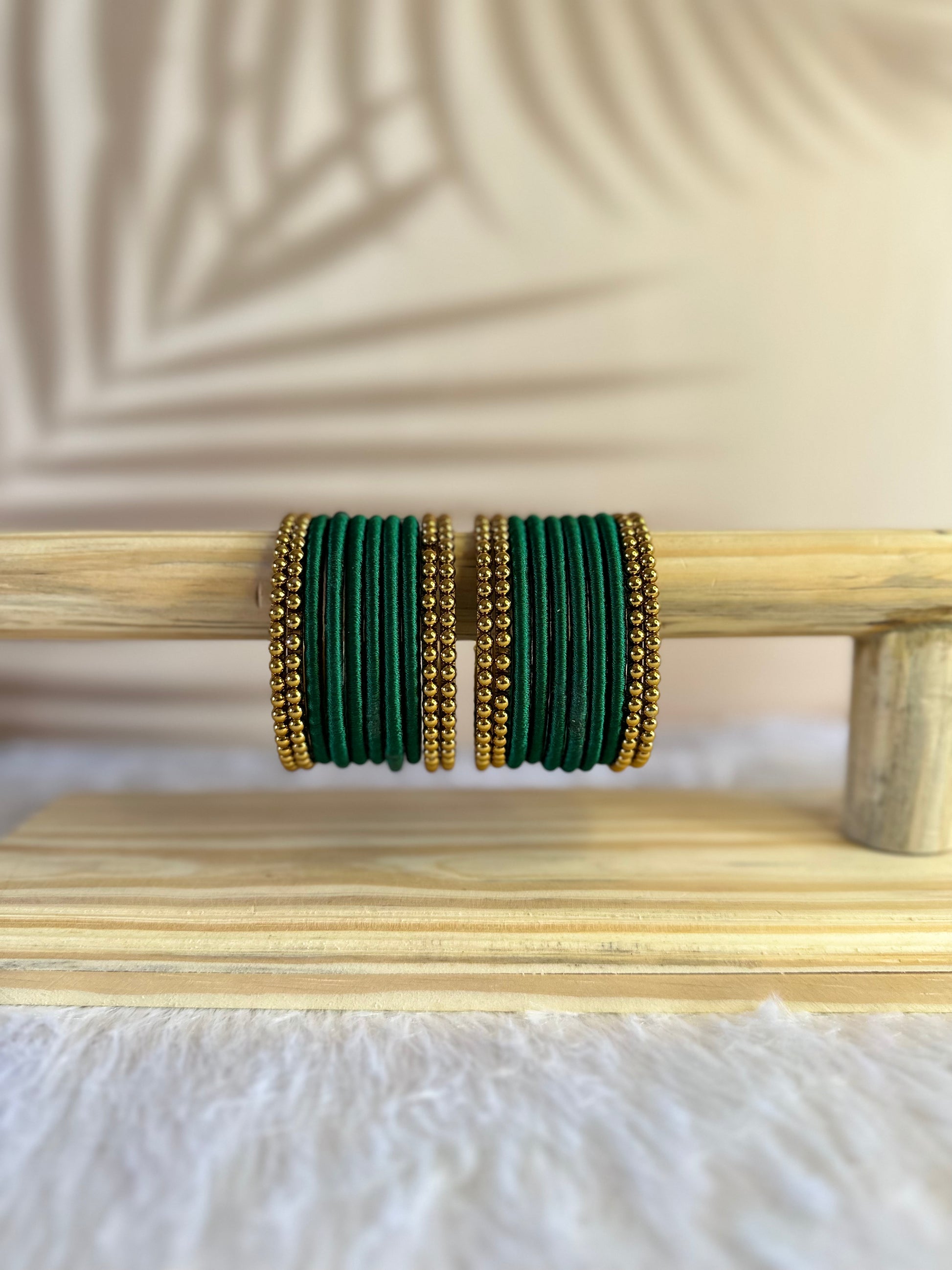 Silk Thread Bangle Set with Gold Plated Metal Side Bangles 3mm