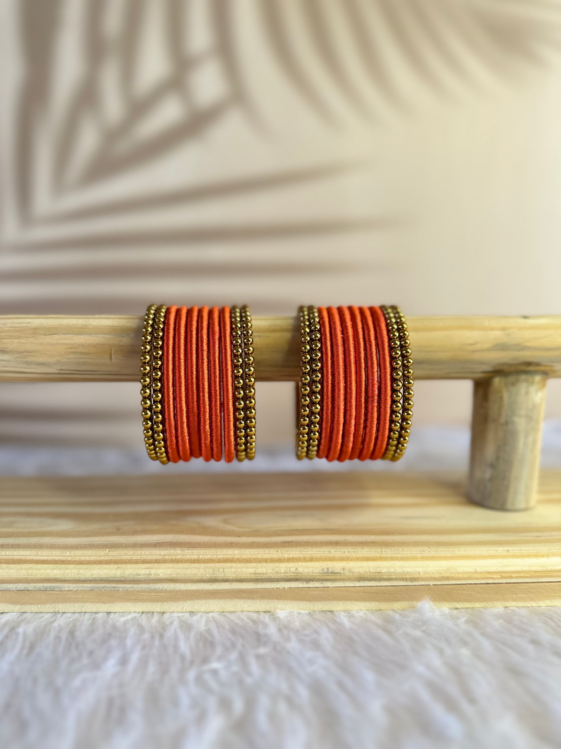 Silk Thread Bangle Set with Gold Plated Metal Side Bangles 3mm